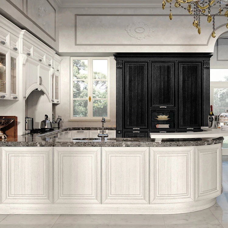 2020 Kitchen Furniture Classic Curved Solid Wood Kitchen Cabinet