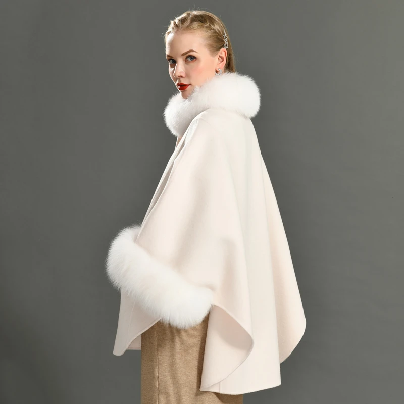 2020 Korean Women&#x27;s Cashmere Coat Female Autumn Wool Cloak Cape Shawl Women Winter Thick Real Fur Collar Woman&#x27;s Cashmere Coats