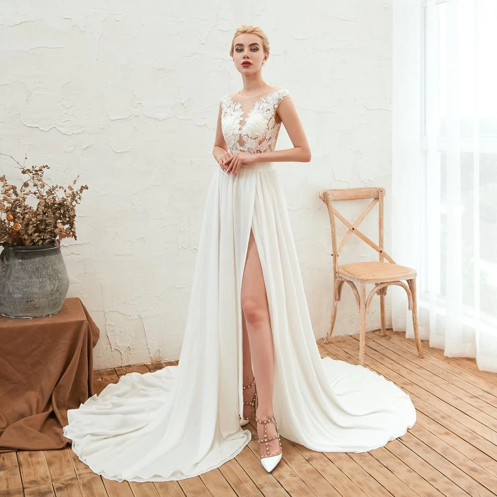 23347 Ready to Ship Cheap Chiffon Lace A-line Beach Wedding Dress with Slit