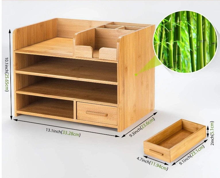 4 Tier Bamboo Desk Organize  with Drawers for Home Office Table Top Shelf Desktop Organizer