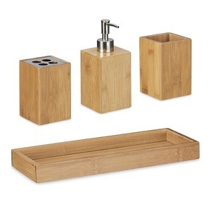 4PCS Bamboo bathroom accessories set liquid foam soap dispenser and bamboo toothbrush holder
