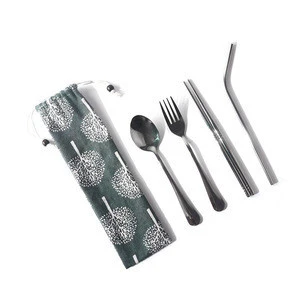 5pcs/set Teaspoon Spoon Fork Knife Curved Straw Utensils Set silverware cutlery  flatware set stainless steel