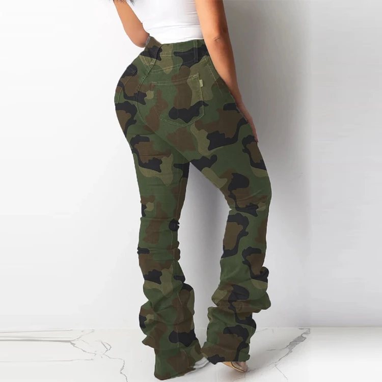 All over camouflage printed pants womens hole distressed stacked pants