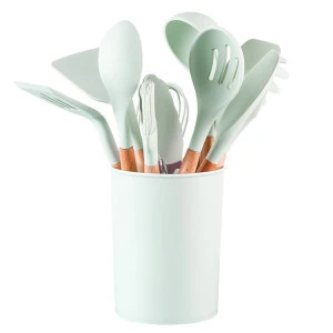 Amazon hot sale 11pcs silicone kitchenware set with wooden handle kitchen silicone utensils wtih storage bucket