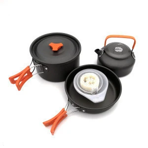 Amazon hot sale Outdoor pot and teapot combination 2-3 persons Camping cookware with 3 colors