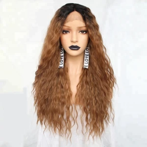 Anogol Kinky Curly Futura Fiber Lace Front Wig Brown Dark Root Synthetic Wigs With Middle Part