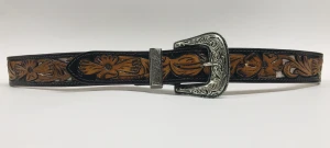 ANTIQUE HAND CARVED WESTERN LEATHER BELT WITH HAND PAINTED INLAY