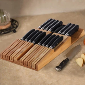 Bamboo In-Drawer Wooden Knife Block Set for 16 Knives Detachable Washable Cutlery Slot Organizer Storage Holder