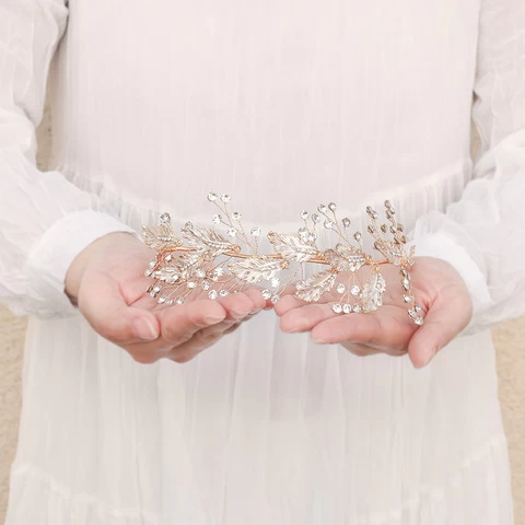 Bephora Handmade Gold Metal Leaves Rhinestone Headband Bridal Diadem hair pieces Accessories Hairband
