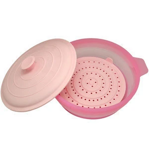 BSCI factory silicone round steamer microwave bowl with cover collapsible lunch box hot resistance food container