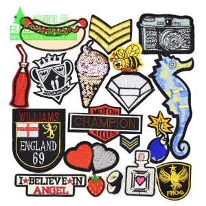 Bulk Cheap college fabric iron on 3d stock heat press embroidered patch sequins number letter animals custom embroidery patches
