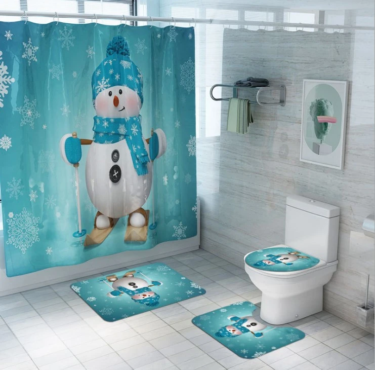 Christmas Bathroom Shower Curtain Mat Set 4 pieces Waterproof Toilet Cover Mat Non Slip Rug Shower Curtain For Xmas Decoration
