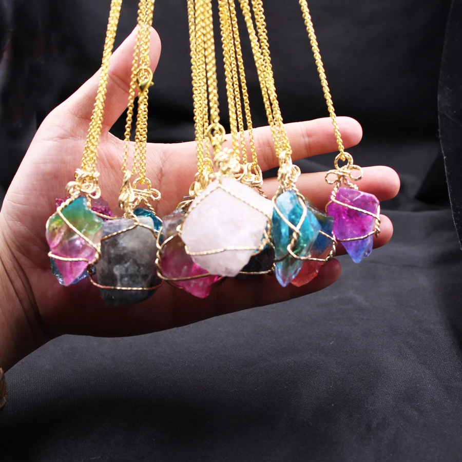 Creative Winding Colorful Copper Alloy Jewelry High Quality Sweater Chain Natural Crystal Stone Pendant Necklaces