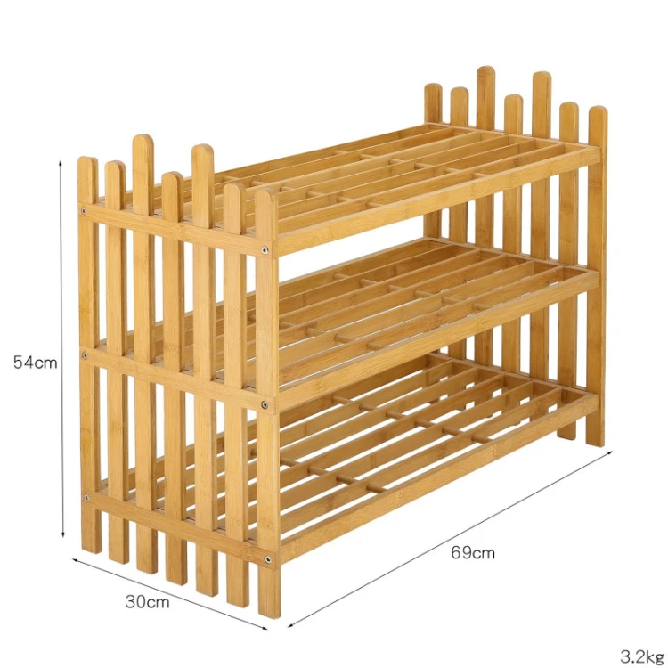 Custom bamboo solid wood 3 tier multifunctional home boutique storage stackable shelf shoe racks cabinet