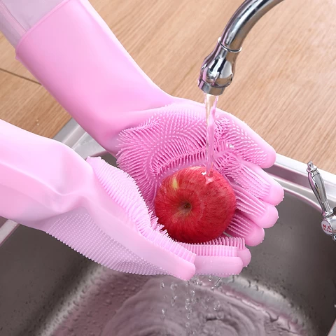Custom Made 100% Food Grade Silicone Rubber Heat Resistant Brush Magic Scrubber Household Washing Cleaning Dishwashing Gloves