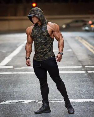 Custom Men Bodybuilding Fitness Workout Sleeveless Hoodies Camouflage Vest Male Hooded Gyms Tank