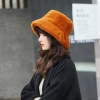 DDA846 Girls Thick Blank Pure Color Furry Caps Soft Winter Warm Faux Fur Fisherman Hat Women Wide Brim Plain Plush Bucket Hats