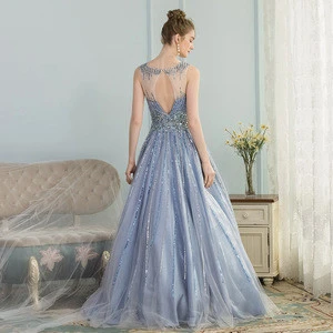 Designer Ladies Light Blue Evening Gown Crystal Beaded Long Evening Dress 2019