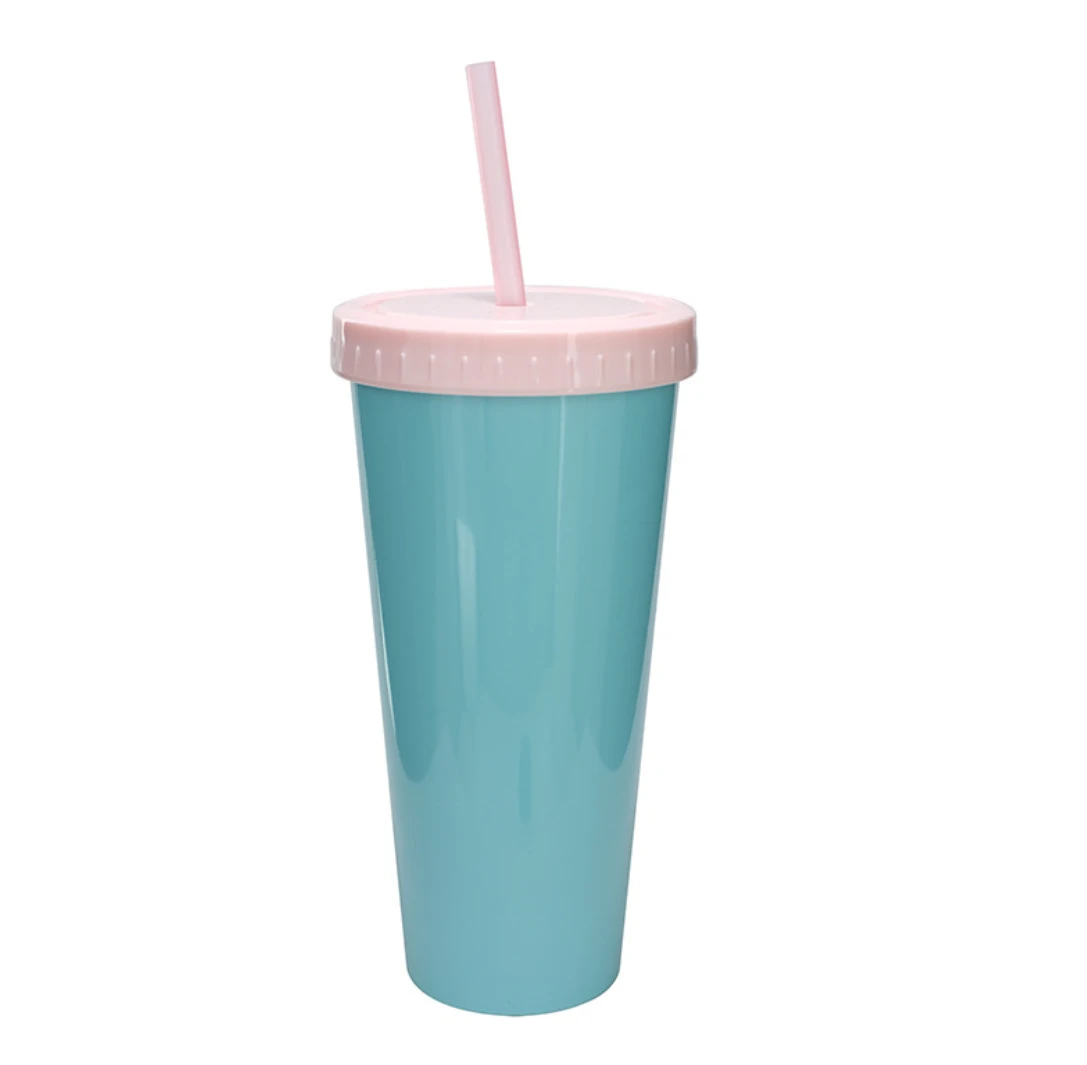 Double layer 640ml large capacity plastic water cup, solid color can be customized logo plastic straw cup