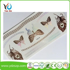 Eco-friendly flash gold metallic temporary tattoo sticker with full color and most fashionable designs body art