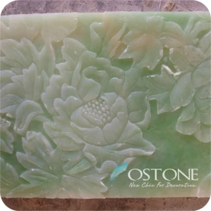 Elegant Green Onyx Carving Peonies Jade Flowers Sculpture Stone Wall Relief
