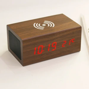 EMAF Wooden wireless charge table LED alarm clock with bt wireless speaker