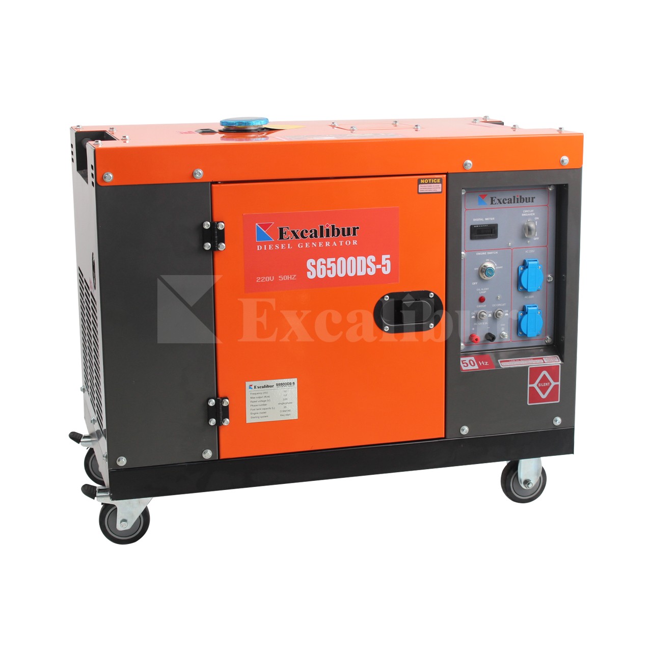 Excalibur 50Hz 220V 5 kVA Portable Silent Power Generator S6500DS-5 with 10HP Diesel Engine 186FA