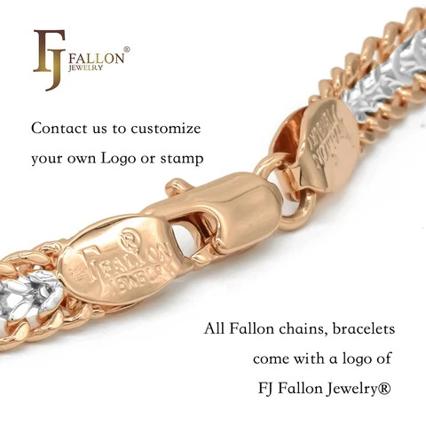 F94129718 FJ Fallon Fashion Jewelry Figaro Link Center Groove Hammered Chains Plated In Rose Gold Two Tone Brass Based