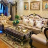 Factory high quality American style carved flower wine red living room furniture sofa solid wood frame leather sectional