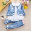 Fashion Casual Comfortable Cute Cartoon Elegant Floral Lace 3 Pieces Jeans Cotto Children Little Girl Clothes