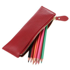 Fashion Higg quality Litchi Genuine Leather Pencil Case Bag  ziplock cosmetic brush pouch