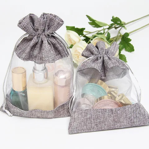 Fashionable 13x18cm Natural Jute Gift Bag with Organza Window Jute Pouch with Window