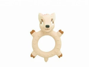 Food Grade Nature Latex Chew Toys Baby Teether Pink Blue Deer Animal Baby Squeaky Teething Toy with Ring Handle