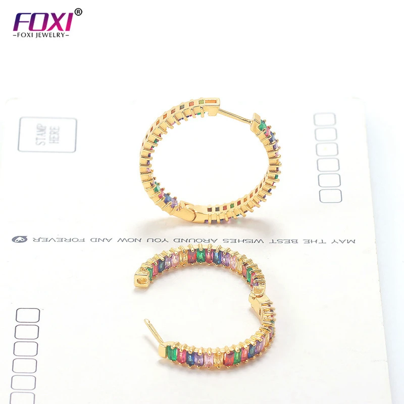 FOXI Rainbow cubic zirconia Hoop Earrings women colorful gold filled classic gorgeous european fashion charming jewelry