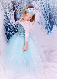 Frozen Girls Costume with Shiny Sequin Decorate Blue Color Girls Party Dance DressBX1699
