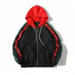 Full Zip Polyester Nylon Windproof Polyester Hooded Jacket Mens Hooded Windbreaker army green color with stripes on sleeves