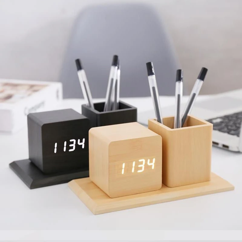 Gifts Office Creative Decoration Home Desk Table Organizer alarm Clock Wooden Pen Stand with Digital LED Clock Wood Pen Holder