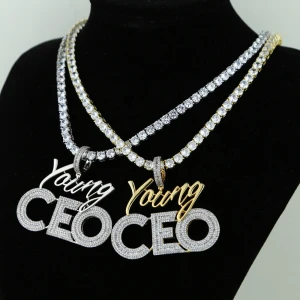 gold silver color two tone plated hip hop bling 5A cz jewelry iced out baguette cz young CEO charm pendant tennis chain necklace
