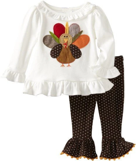 Halloween holiday baby girls boutique outfits kids turkey appliqued ruffle tops &amp; stripes leggings clothing set