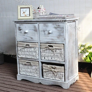 High Quality Wooden Cabinet With Rattan Wicker Rush Straw Baskets Drawers
