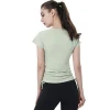 Hot sale ready made quick dry breathable material size fit short sleeve side drawstring design women yoga half zip top