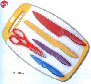 HX-1037 hot sale promotional kitchen accessories plastic chopping board with 6pcs kitchen knife