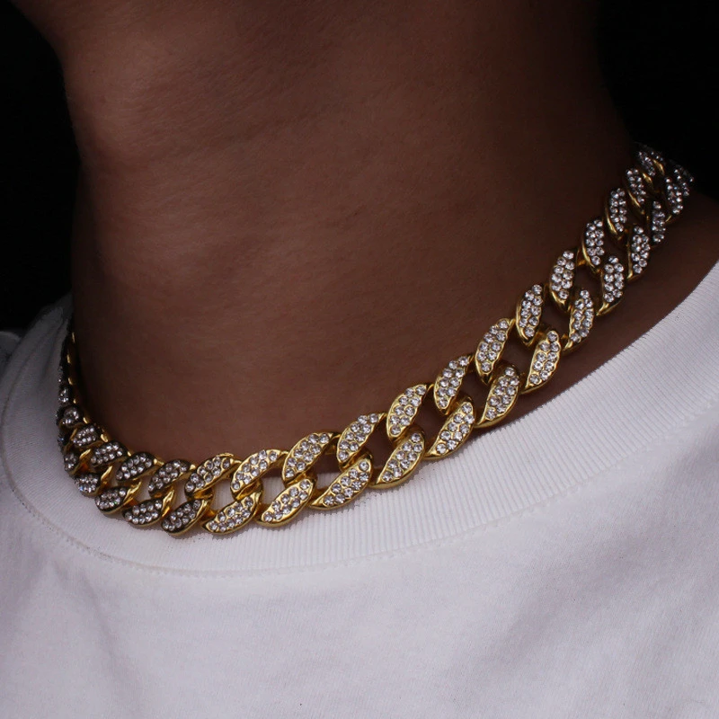 Iced Out Bling Diamond Gold Finish Miami Cuban Link Chain Necklace Men&#x27;s Hip hop Necklace Jewelry