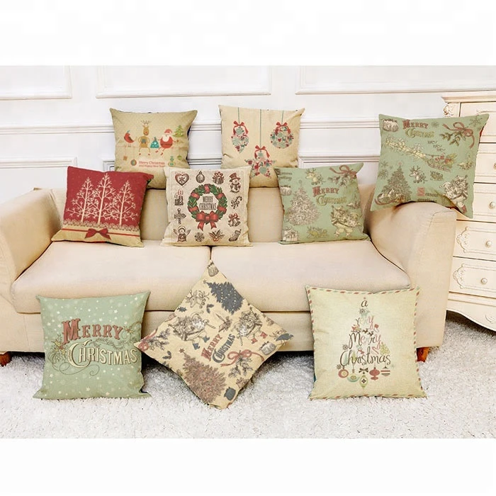 In Stock Christmas Stylish Linen Printing Santa Pillow Case Cushion Cover