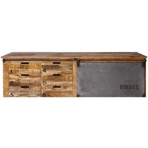 Industrial &amp; vintage Indian solid mango wood &amp; iron metal TV Cabinet
