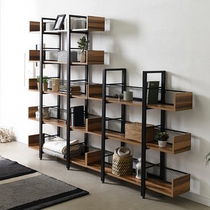 industrial bookcase, divider, metal modern iron display furniture, 5 tiers storage rack wooden library bookshelf