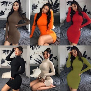 INS Celebrity style solid color bodycon womens dresses wholesale clothing cotton girls party casual dresses