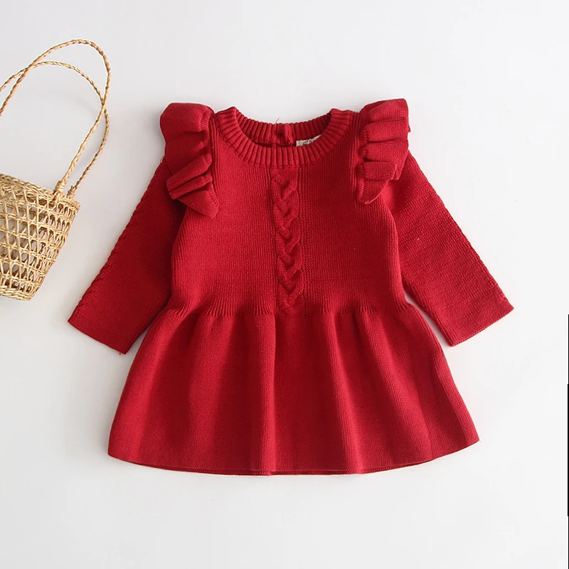 Ivy60029A Winterkids girls plain knitted dress design solid color ruffle dress for baby girls