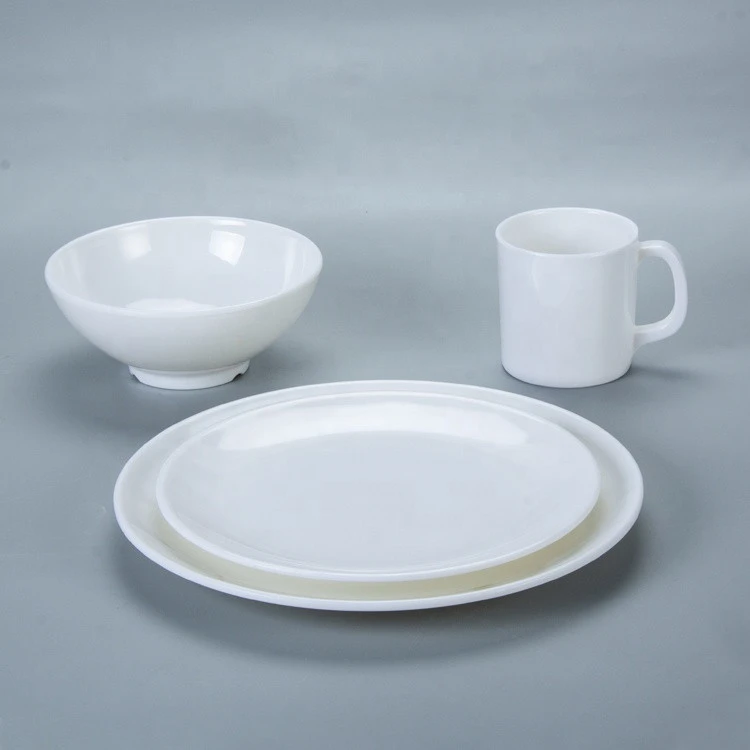 JQY melamine white round plate 6.5 inch bowl 350cc cups dinnerware sets tableware