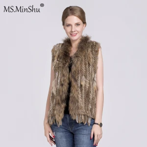 Knit Rabbit Fur Vest with Raccoon fur trim Tassel Gilet